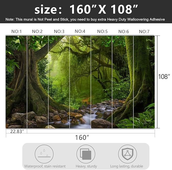 -Green Forest Landscapes Woodland Tree Fabric Wallpaper Living Room Bedroom Bathroom Flowing Jungle Wall Mural- 160"x108"（ not Peel and Stick）