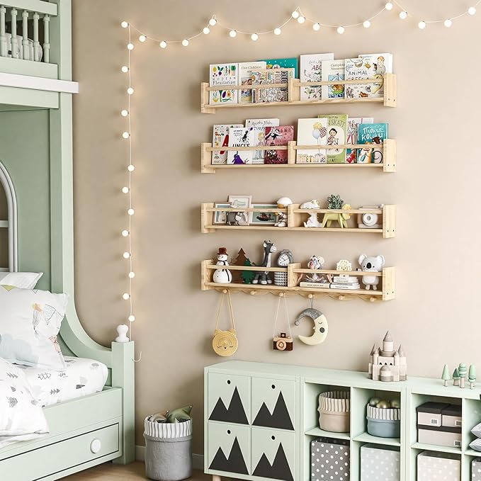 34Inch Nursery Bookshelves,Set of 4,Wall Floating Shelf Kids Coat Rack with 6Hooks,Hanging Book Shelf for Baby Nursery Room Décor， Patent Number: 29958098(Burlywood, 34)