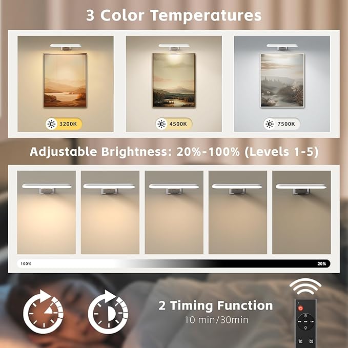 2 Pack Picture Lights for Wall, Rechargeable LED Picture Light Battery Operated with Remote, Dimmable Poster Light for Paintings, Portraits, Art Frames, Display Lighting for Wall Decor,White