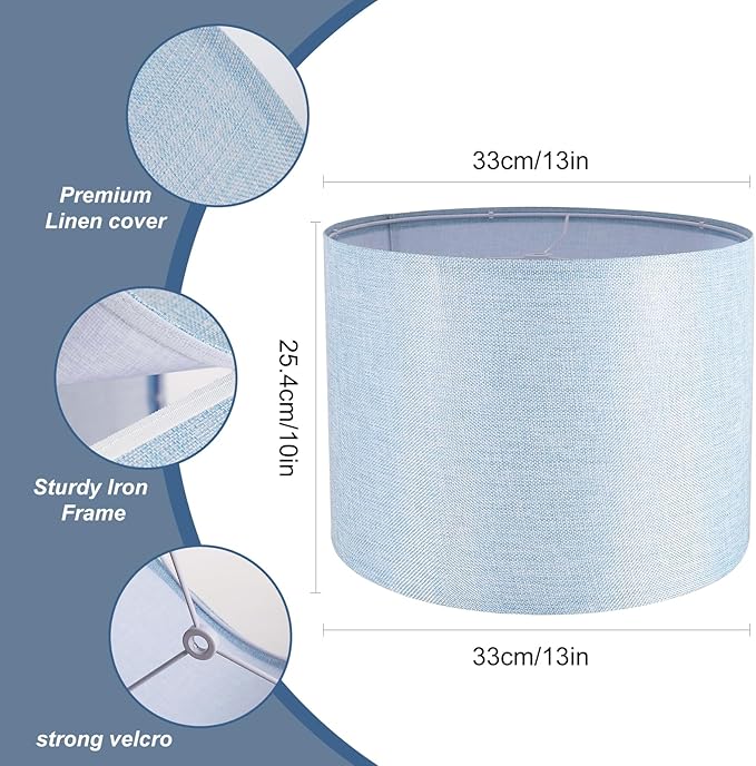 Lamp Shades Set of 2, Drum Lampshade for Table Lamps Floor Lamp, 13" Top X 13" Bottom X 10" High Blue Large Line Fabric Lamp Shades, Easy Assembly Replacement Lampshades