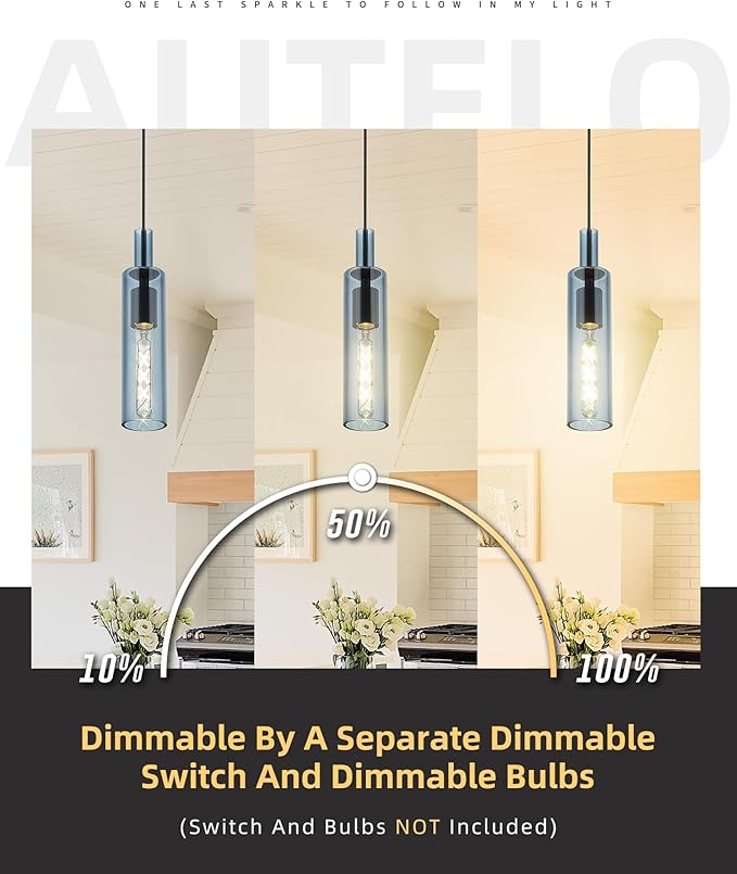 AUTELO Blue Pendant Lights, 1-Light Modern Pendant Lights Kitchen Island, Pendant Lighting with Navy Blue Glass, Linear Hanging Light in Metal Frame for Kitchen Island, Dining Room, H3875 BU