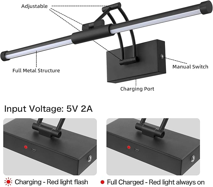 24“ Picture Lights for Wall Battery Operated, Wireless Picture Lights with Remote, Rechargeable Wall Light 3000K/4000K/6000K Dimmable, Art Lighting for Paintings Frame Gallery Dartboard Light, Black