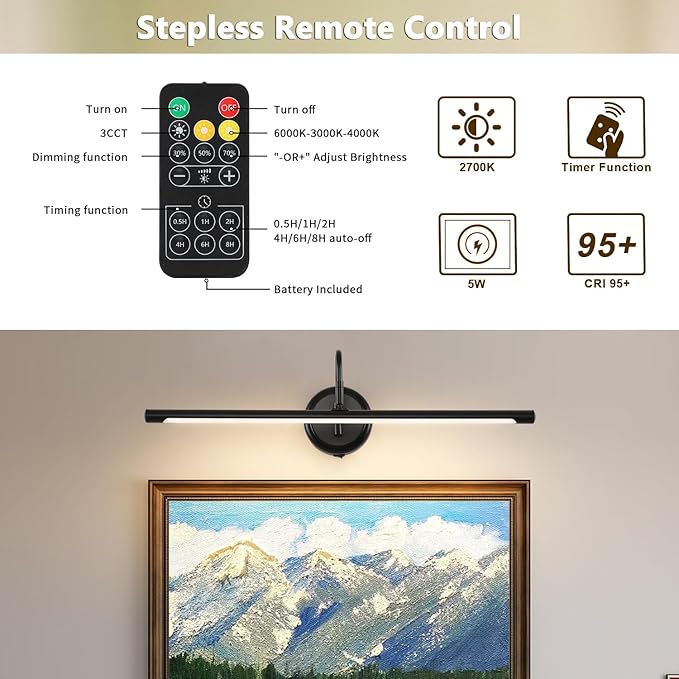 JOOSENLUX Battery Operated Picture Lights Modern Wireless Wall Lights 24.4" Inch Dimmable Under Counter Lights for Kitchen with Swing Arm as Canvas Wall Sconce Light Black 3000K CRI95+