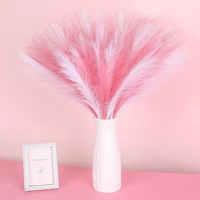 60 Pcs Pampas Grass Decor 21.7" Fluffy Faux Short Pink White Pampas Grass Artificial Small Pompas Grass Flower Vase Filler for Home Wedding Decoration