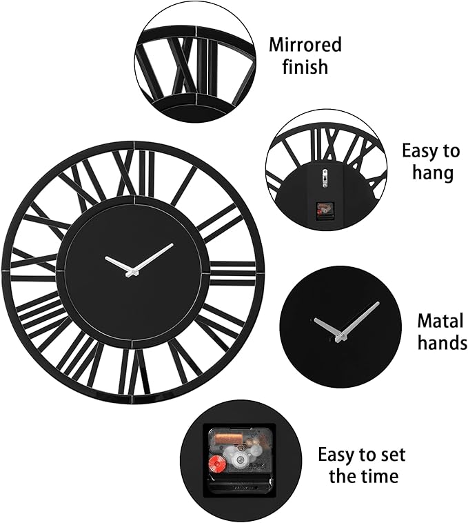 SHYFOY 39" Modern Black Mirror Finish Wall Clock with Roman Numerals - Large Silent Non-Ticking Decorative Clock for Living Room, Bedroom, and Office - Easy to Hang