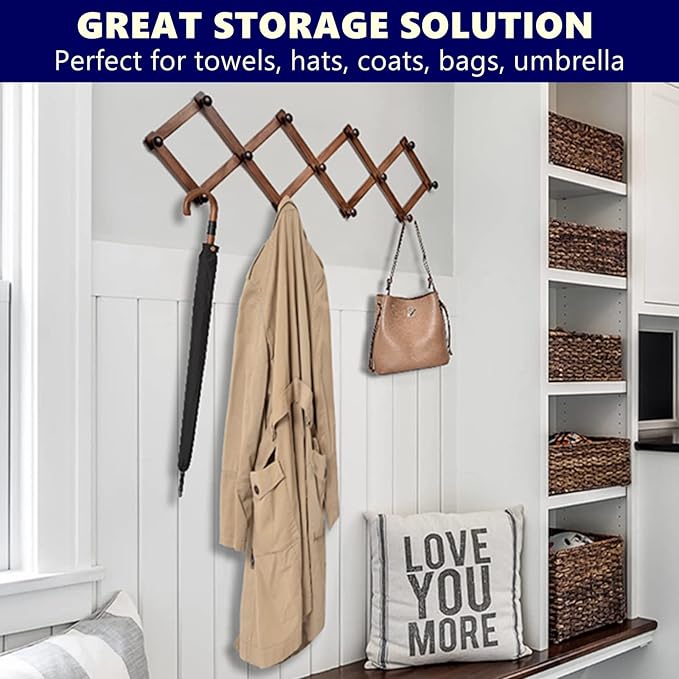 Amber Home Wood Accordion Wall Rack 13 Hooks (Pegs), Expandable Wall Mounted Hanger for Coat, Hat, Scarf, Coffee Mugs, X Shape Coat Hooks (Antique Retro Color)