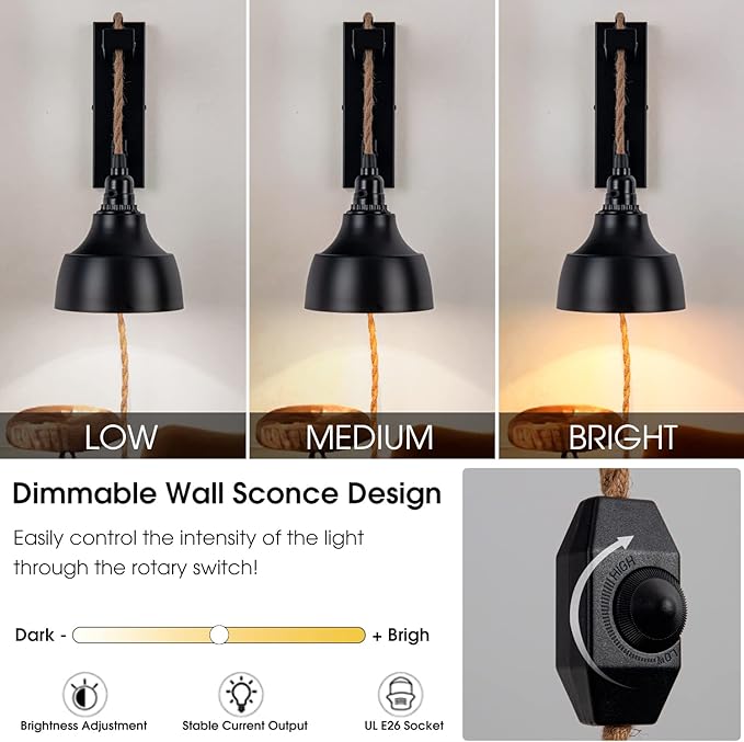 8FT Dimmable Plug in Wall Sconces Pulley Wall Lamps Vintage Hanging Light Fixture Wall Lights with Plug in Dimmable Switch Set of Two Black Wall Lamp for Bedroom, Living Room and Hotel