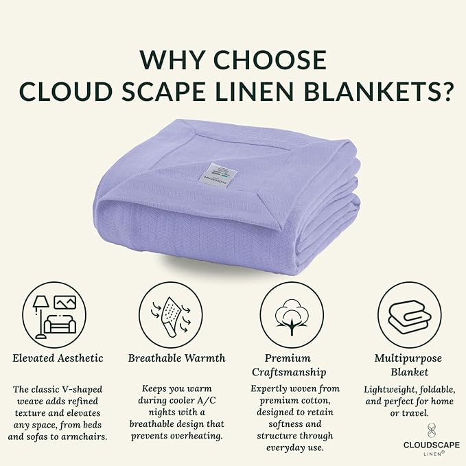 Cloud Scape Linen Herringbone Cotton Throw Blanket for Couch, Bed,Sofa, Home Decor, Soft, Lightweight, All-Season Bed Blanket, 50 x 70, Lavender Blue