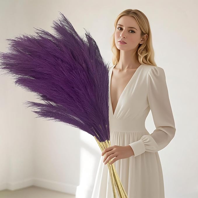 8 Pcs Deep Purple Tall Faux Pampas Grass Decor, 45 Inches Artificial Pampas Grass Bulk, Large Faux Pompas Dried Decor for Floor Vase Filler, Home Boho, Wedding Anniversaries, Baby Shower Decoration