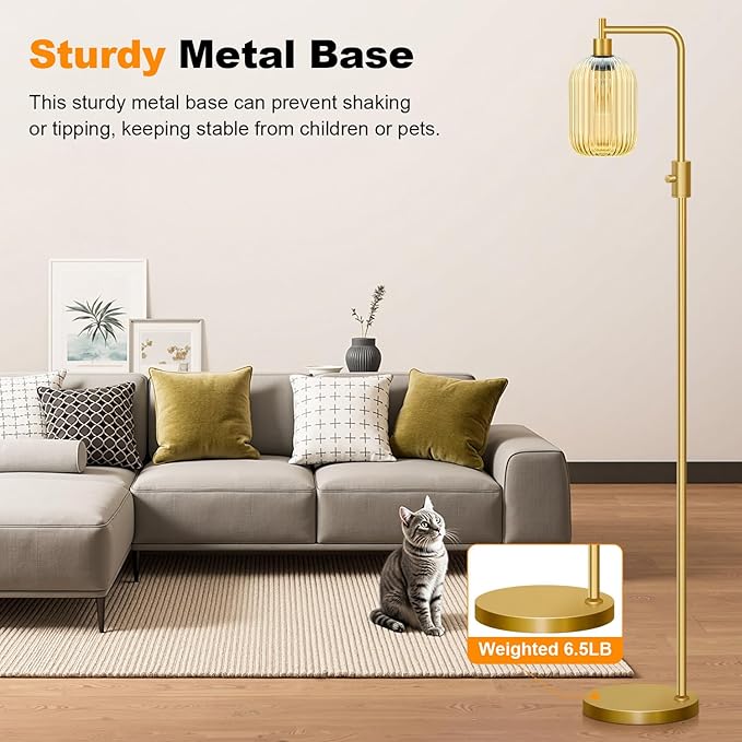 【Upgraded】 Dimmable Glass Floor Lamp for Living Room, Modern Gold Standing Lamp with Amber Ribbed Glass Lampshade & Knob Dimmer, Arc Tall Lamp for Bedroom Office Reading Room, 2700K Led Bulb Included