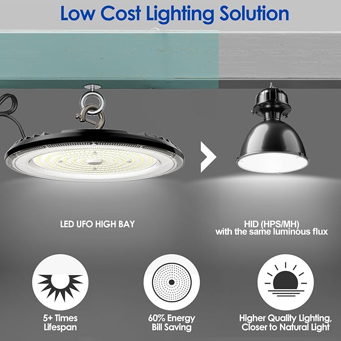 LED High Bay Light ECO 200W x1, 13' UFO Ceiling Lighting Fixture w/Plug for Garage Shop Warehouse Workshop, 5000k 22500lm Non-Dimmable IP65 (Count of 1 Black)