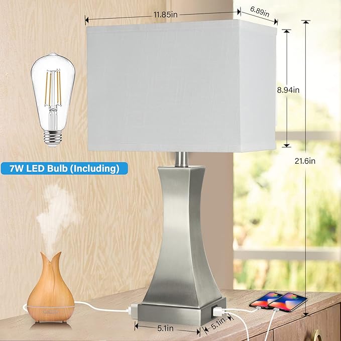 Table Lamp for Bedroom 3-Way Dimmable Touch Control Bedside Lamp with USB A+C Port & Outlet 21.6" Tall Nightstand Lamp for Living Room Bedroom Office and Hotel Bulb Included