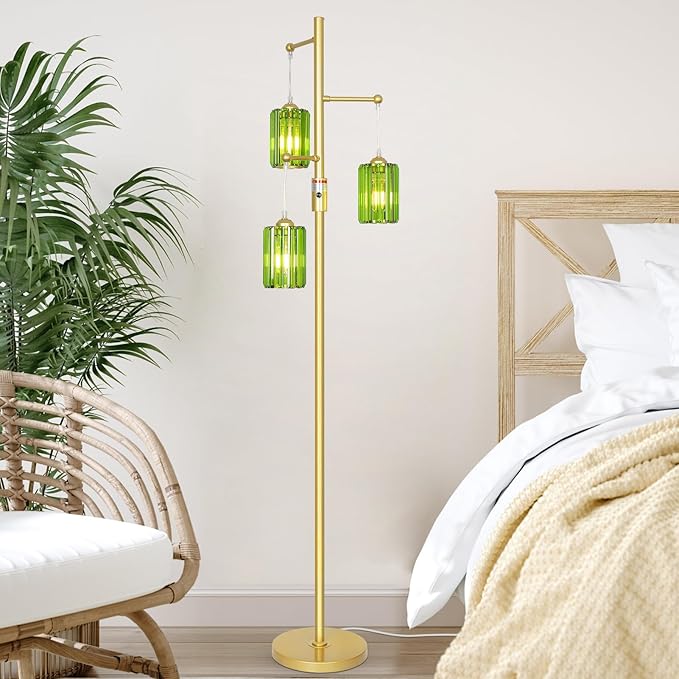 Gold Floor Lamp for Living Room with Green Crystal Shades, 3 Lights Modern Boho Tree Standing Lamp Dimmable, Dimmer Switch, 65IN Vintage Brass Tall Floor Lamps for Bedroom Office Reading Corner