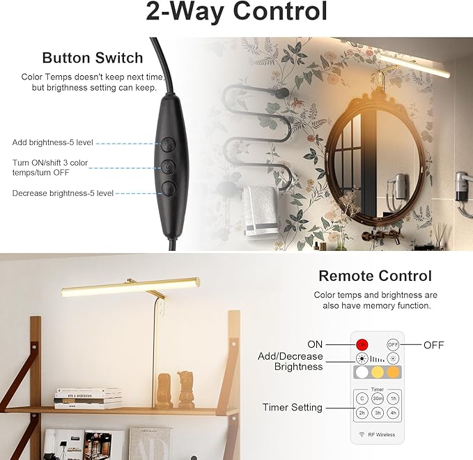 Gold LED Picture Light Plug in, 15.75 Inches Art Light with Remote, 3 Color Lighting, Artwork Light with in-Line On/Off Switch, Metal