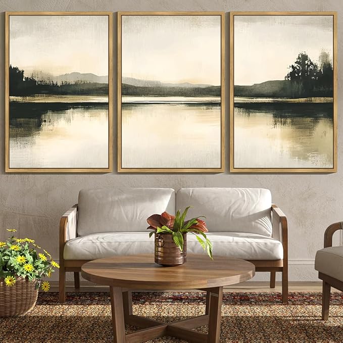 KUVIOKE Watercolor Abstract Mountain Lake Framed Wall Art Brown Landscape Nature Wilderness Painting Nordic Neutral Tan Illustration Decorative Home Decor 24x36in (Natural Framed)