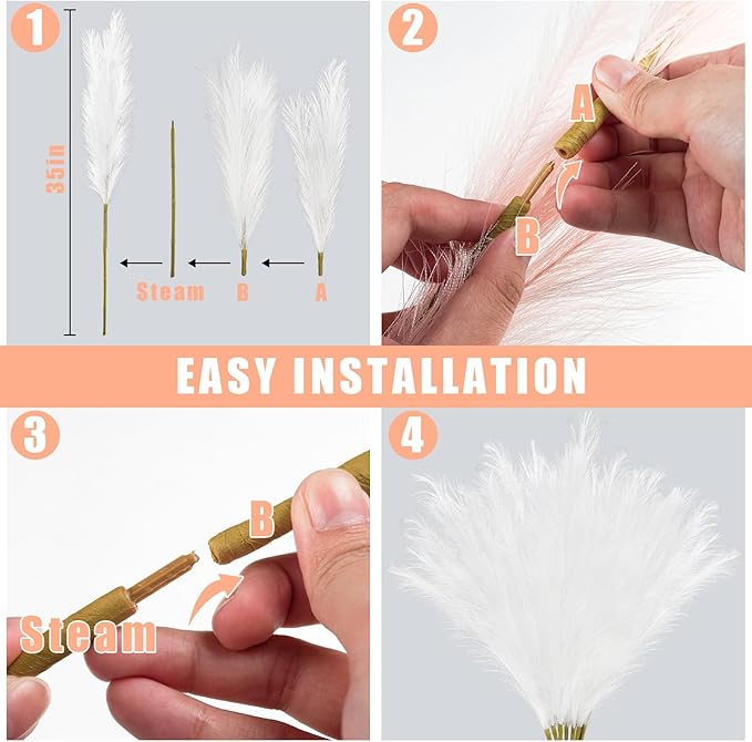 35" Faux Pampas Grass Decor, 8pcs Large Tall Fluffy Artificial Pompous Grass Branches Floral Fake Pompas Grass Bulrush Floor Vase Filler Flower Arrangement for Home Wedding Boho Decor-White