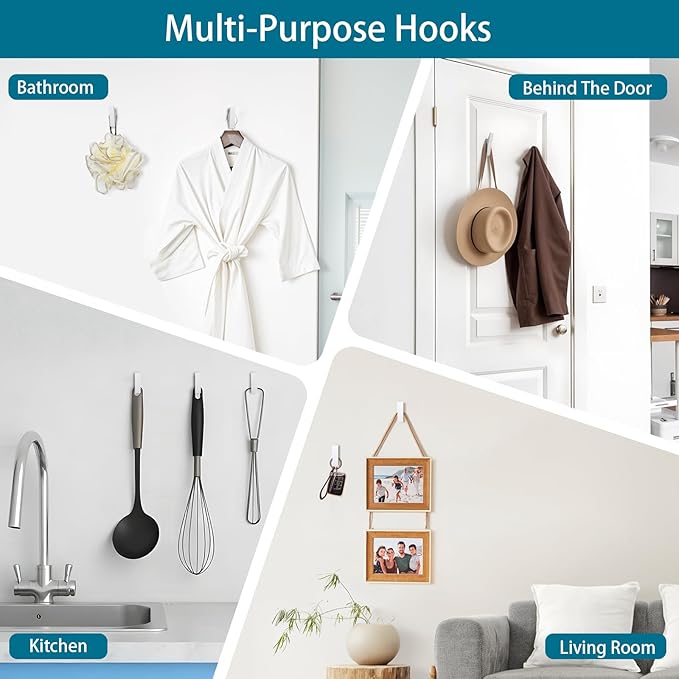 Noubtou Heavy Duty Adhesive Hooks - No Drill Aluminum Alloy Wall Hooks for Bathroom, Kitchen, Tile & Glass, Waterproof Rustproof Bath Towel Hooks, Coats/Hats/Bags (4Pack)