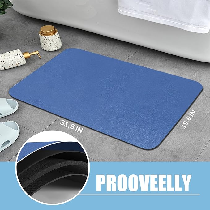 Diatomaceous Earth Bath mat Bathroom Rugs Super Absorbent Quick Dry Non Slip Bath Mat Thin Bathroom Floor Mats Fit Under Door-Shower Rug for in Front of Bathtub Shower, Blue, 15.7"x35.4"