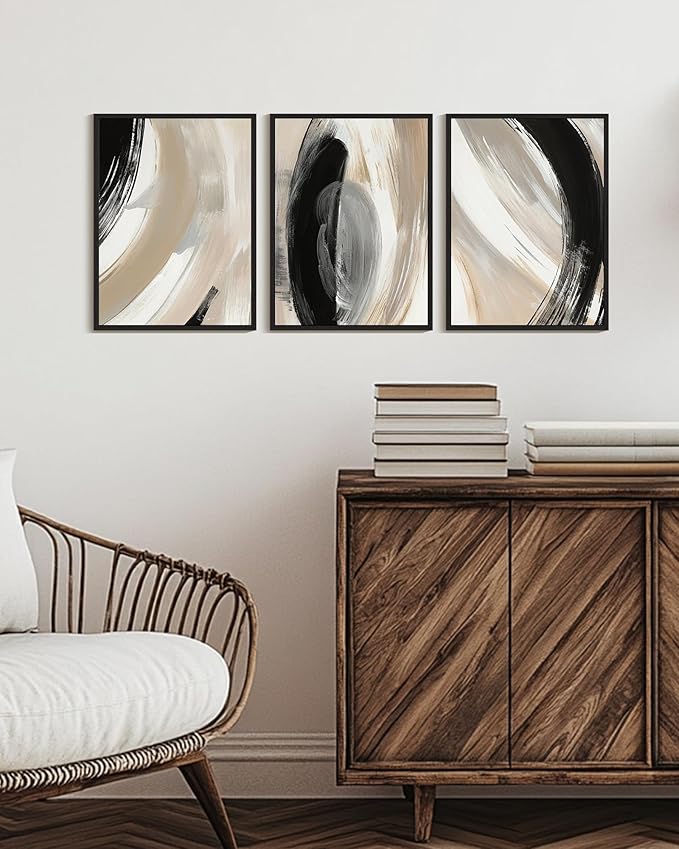 KUVIOKE Modern Abstract Framed Wall Art Black Neutral Minimalist Ink and Wash Graffiti Pastel Wall Decor for Bedroom Living Room 12x16in (Black Framed)