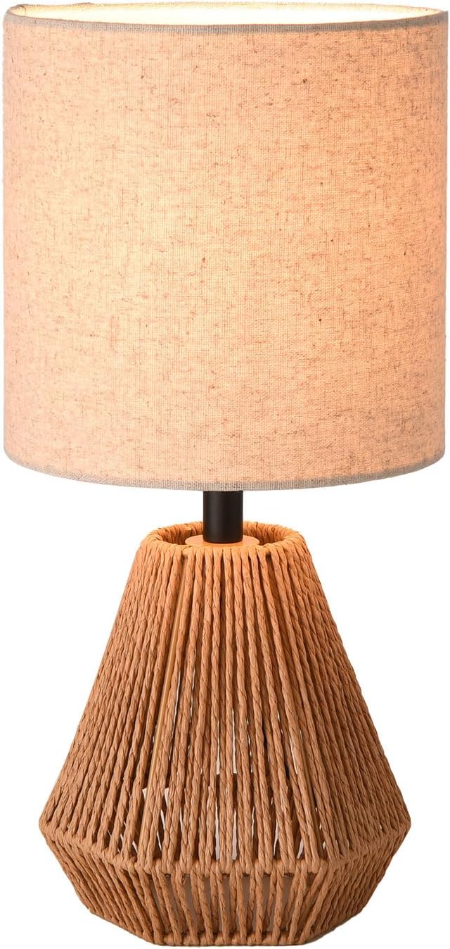 KUNJOULAM Rattan Table Lamp, Small Nightstand Lamp with Linen Fabric Lampshade, Desk Lamp for Living Room Home Office