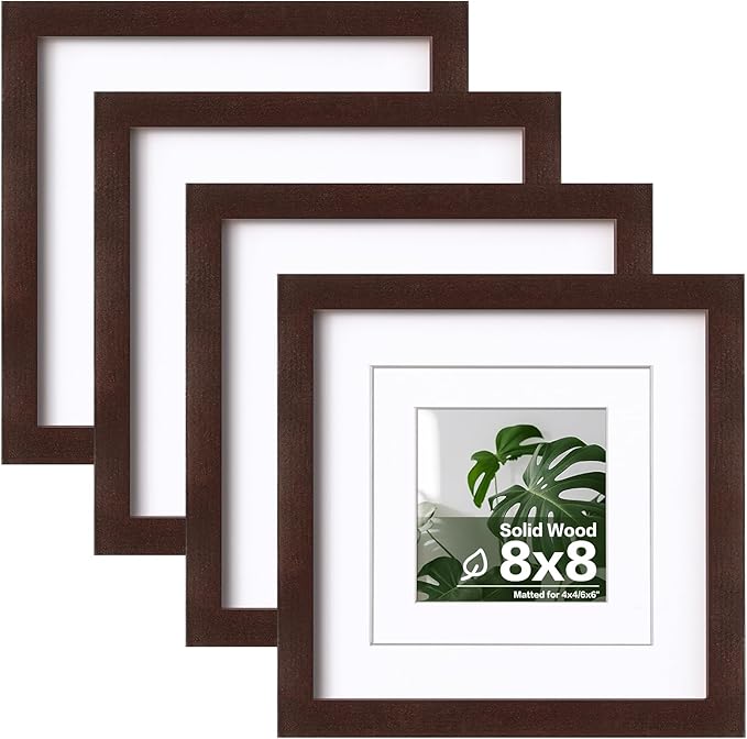 Egofine 8x8 Picture Frames Made of Solid Wood with Plexiglass, Display Pictures 4x4/6x6 with Mat or 8x8 Without Mat Set of 4 for Tabletop and Wall Mounting, Walnut Color