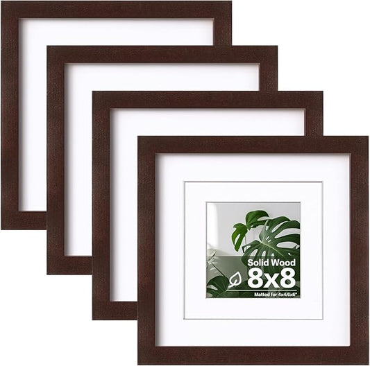 Egofine 8x8 Picture Frames Made of Solid Wood with Plexiglass, Display Pictures 4x4/6x6 with Mat or 8x8 Without Mat Set of 4 for Tabletop and Wall Mounting, Walnut Color