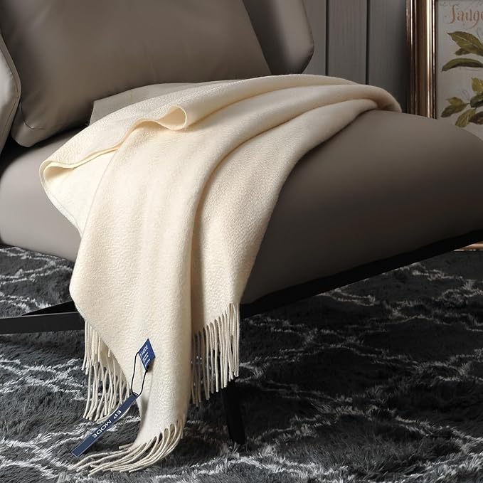 EP Mode 100% Pure Cashmere Throw Blanket for Sofa, Classic Design with Gift Box (Whisper White)