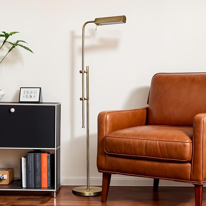 VONLUCE LED Floor Lamp, 62.5" Industrial Floor Lamp for Living Room with Adjustable Height Swing Arm Head 3 Color Temperatures, Metal Standing Pole Lamp for Bedroom Reading, Antique Brass