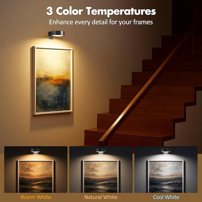6Pcs Picture Lights for Wall Battery Operated, Magnetic Led Painting Light with Remote Dimmable and Timer, 3 Lighting Modes Art Display Light for Picture Frame, Wireless Wall Decor Puck Lights, Black