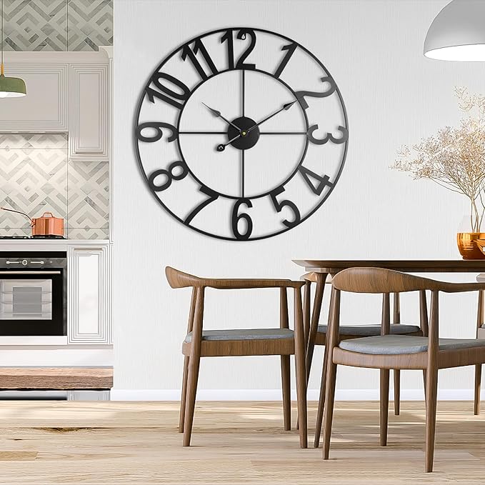 24-Inch(60CM) Large Wall Clocks for Living Room Decor, Silent Non Ticking Battery Operated, Decorative Analog Metal Indoor for Kitchen, Bedroom, Office Decor