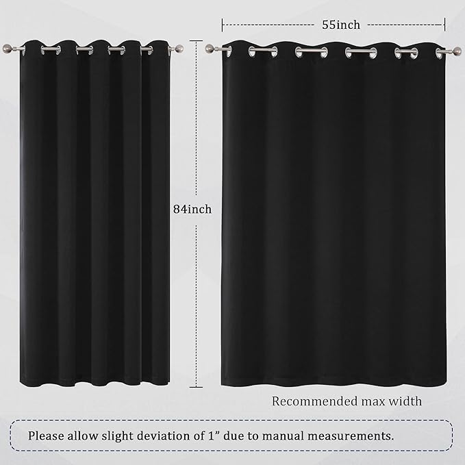 DUALIFE Blackout Curtains 60 inches Wide x 84 inches Long 2 Panels - Grommet Wall Divider Drapes Thermal Insulated Curtains for Bedroom Doorway, Black Color