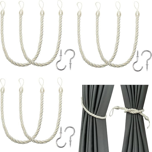 BEL AVENIR Curtain Ropes Tiebacks Tie-Backs, Curtain Handmade Holdbacks with 6 Metal Screw Hooks(Cream,6p)
