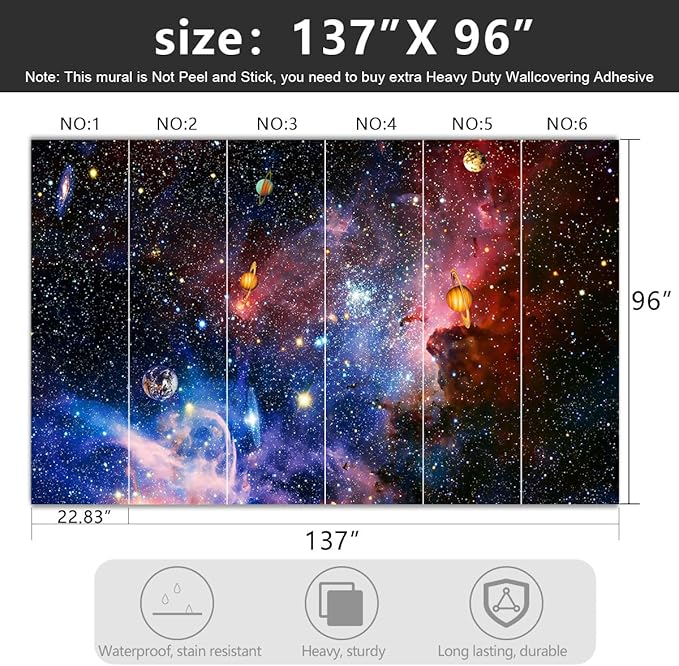 -Galaxy Universe Planet Ceiling Fabric Wallpaper Boys Girls Nursery Starry Sky Children Bedroom Bathroom Large Mural- 137"x96"（ not Peel and Stick）