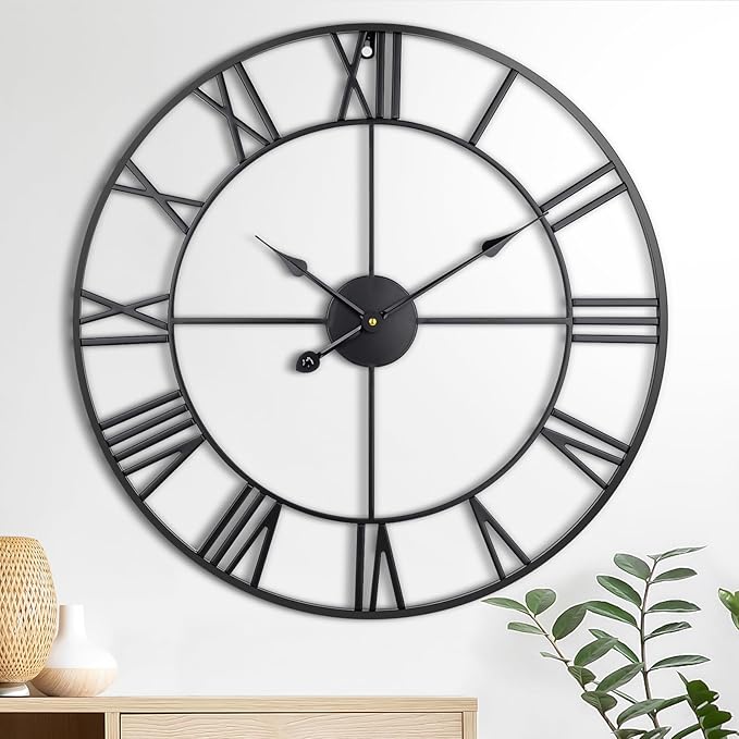 Large Wall Clock, 24-Inch(60CM) Roman Numeral Decorative Art Clock,Completely Silent, Non Ticking, Battery-Operated Metal Wall Clock for Living Room, Bedroom and Kitchen (Carbon Black)