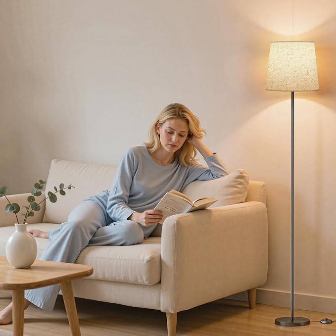 Floor Lamp with Linen Shade - 62" Tall LED Standing Lamp with Foot Switch, 3 Color Temps, 9W E26 Bulb Included, Black Floor Reading Light Corner Lamp for Living Room Bedroom Office Dorm
