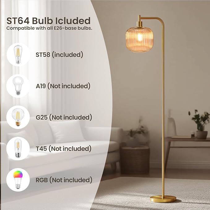 Glass Floor Lamp,67" Modern Standing Lamp with Amber Ribbed Glass Lampshade Metal Pole for Living Room, Bedroom, Office - Heavy Base,Pedal Switch(Include E26 Bulb)