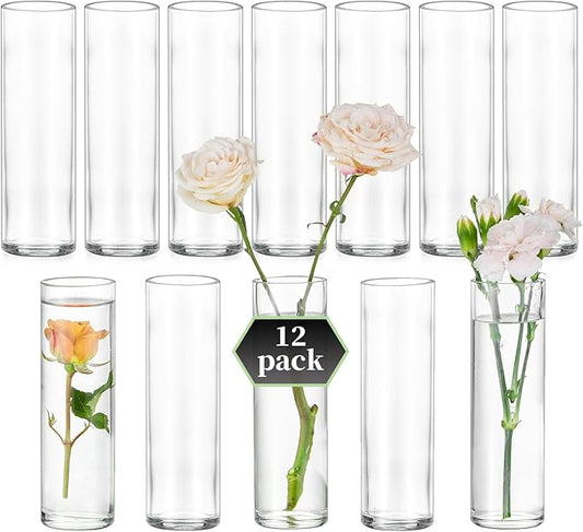 Small Cylinder Glass Vases for Centerpieces: Glasseam Clear Vase Set of 12 Modern Centerpiece Vases for Table Wedding Home Party Decor 5.9In Bud Vase for Flowers Single Stem Roses Tulips