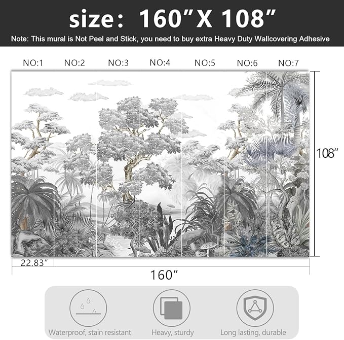 -Tropical Rainforest Botanical Grey Jungle Forest Fabric Wallpaper Living Room Palm Leaf Plant Bedroom Bathroom Large Wall Mural- 160"x108"（ not Peel and Stick）