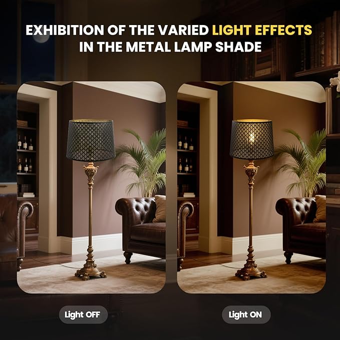 ALUCSET Drum Lampshade 14" Top x 16" Bottom x 11" High (Spider) Large Lamp Shade Replacement for Table Lamps and Floor Lamp Modern Lamp Shades, Black and Gold Lampshades with Etched Arrow Pattern