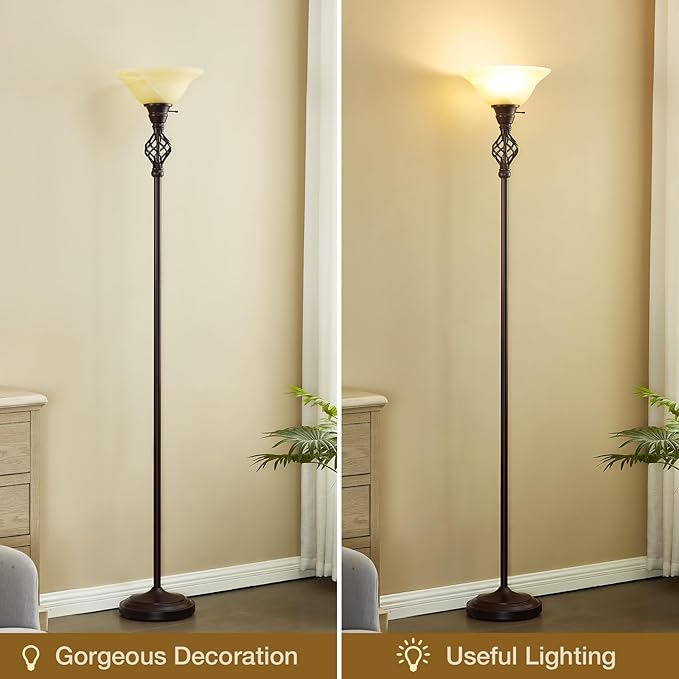 Torchiere Floor Lamp for Living Room, LED Standing Reading Light for Bedroom with Glass Shade for Living Room Corner Bedroom Home Office,Bulbs Included (Yellow Lampshade, Glass 1 Head)