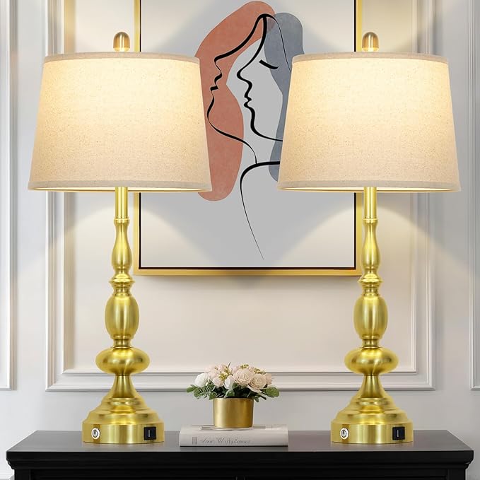 29" Modern Gold Table Lamps Set of 2, Industrial Touch Control 3-Way Dimmable Bedside Lamp with USB C+A Ports, Metal Farmhouse Nightstand Lamps for Living Room Bedroom End Tables(2 LED Bulbs Included)