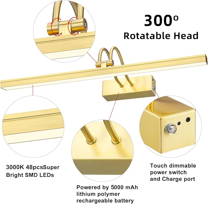 FUNCHDAY Picture Light Wireless, Rechargeable Gallery Light Battery Operated, 280LM Dimmable Art Lighting with Remote, 16" Metal Picture Lights for Wall, Paintings, Portrait, Photo (Brass)