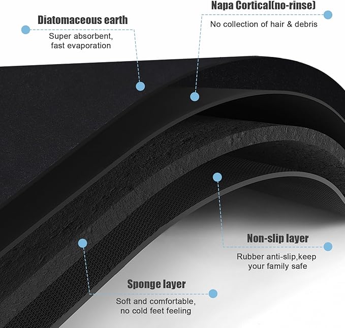 Extra Long Bathroom Rugs Diatomaceous Earth Bath mat Super Absorbent Quick Dry Non Slip Bath Mat Thin Runner Rug Fit Under Door-Shower Rug for in Front of Bathtub Shower, Black, 23.6"x47.2"