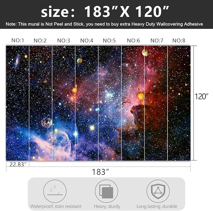 -Galaxy Universe Planet Ceiling Fabric Wallpaper Boys Girls Nursery Starry Sky Children Bedroom Bathroom Large Mural- 183"x120"（ not Peel and Stick）