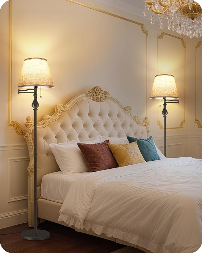 Vintage Floor Lamp with 350°Adjustable Swing Arm, 61” Mid-Century Modern Floor Lamp, Standing Pole Lamp with Pull Chain Switch, Antique Reading Lamp for Living Room, Bedroom, Office, Brown CE13LD05