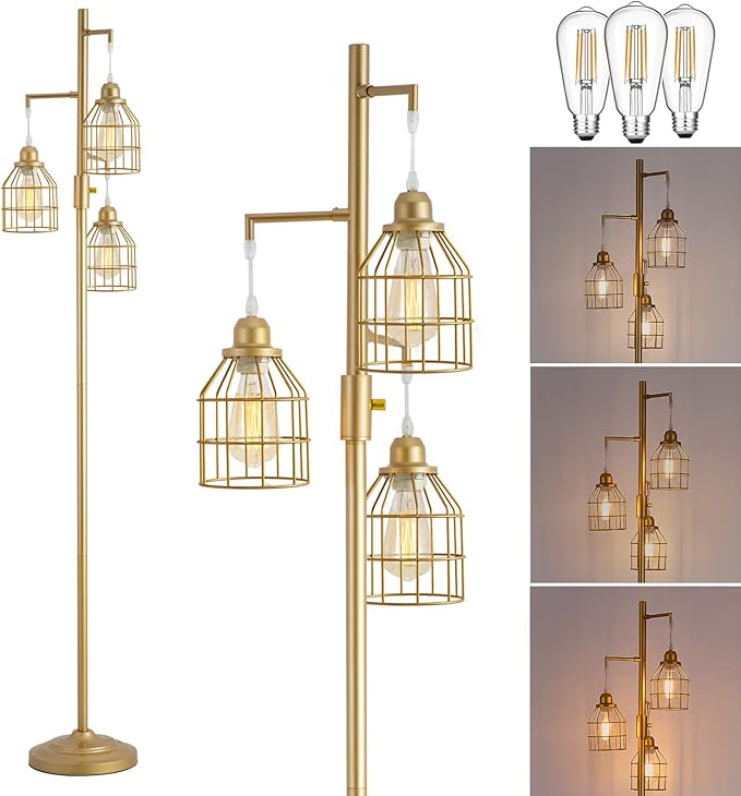 9MMML Golden Dimmable Floor Lamp,Industrial Gold Farmhouse Tall Standing Lamp for Living Room, Bedroom Office,3 Teardrop Cage Lampshade,3 LED Bulbs Inculded, 68'' Tall