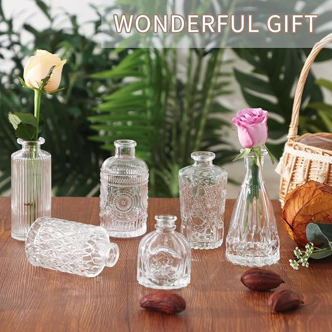 CUCUMI 24 Small, Glass Bud Vase Set for Flowers in Bulk for Rustic Wedding Decorations Vintage Look Home Table Decor, Centerpieces, Clear