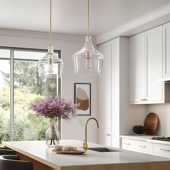 Kira Home Lucy 16" Modern Pendant Light + Clear Glass Vase Shade, Adjustable Hanging Height, Cool Brass Finish
