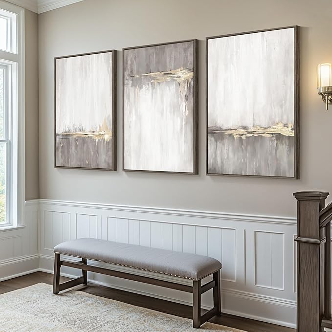 Large Framed Neutral Abstract Wall Art for Living Room, 3 Piece Gray Tan White Gold Canvas Prints, Modern Minimalist Grey Landscape Painting Artworks for Entryway Hallway Office Wall Decor, 24x36 In
