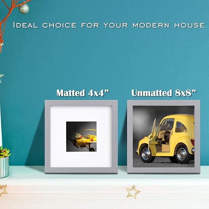Egofine 8x8 Picture Frames 4 Pack, for Picture 4x4 with Mat or 8x8 whitout Mat Made of Solid Wood Covered by Plexiglass for Table Top Display and Wall Mounting Photo Frame, Light Gray